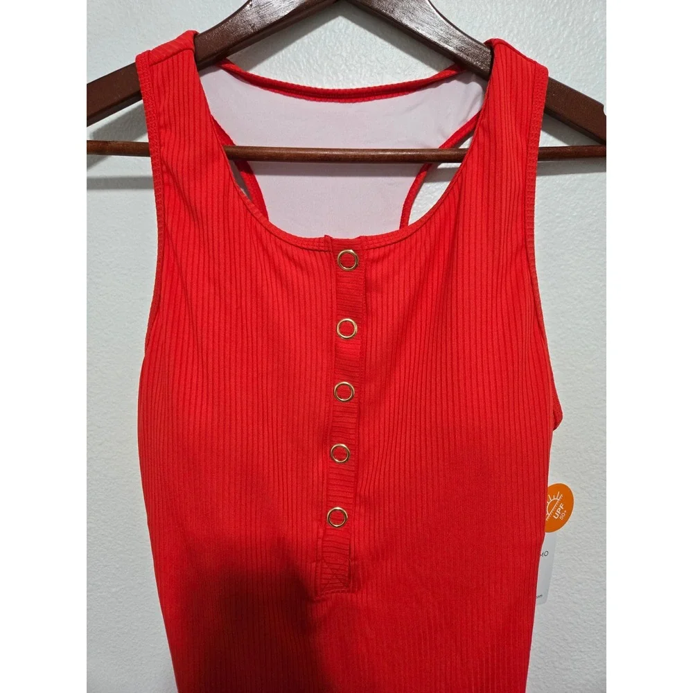 Charmo‎ Womens One Piece Swimsuit Red Ribbed Henley UPF 50+ Racerback Size M